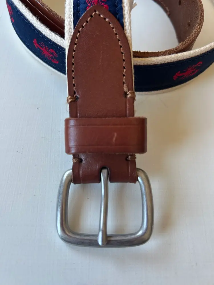 J. Crew Men’s Belt Red Lobster Blue Ribbon Woven Canvas Brown Leather 32