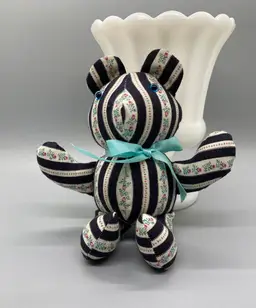 Hand Sewn Black Cream Striped Pink Flower Buds Blue Eye Teddy Bear Shelf Sitter 7"