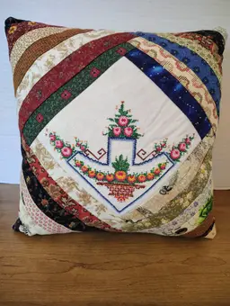 Vintage Handmade Quilted Patchwork Pillow Cross Stitch Flowers Log Cabin Style