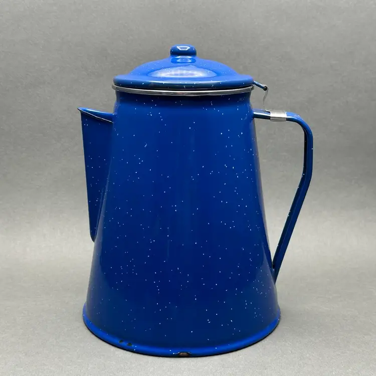 Vintage Blue Enamelware Coffee Pot With Hinged Lid and 4 Cups