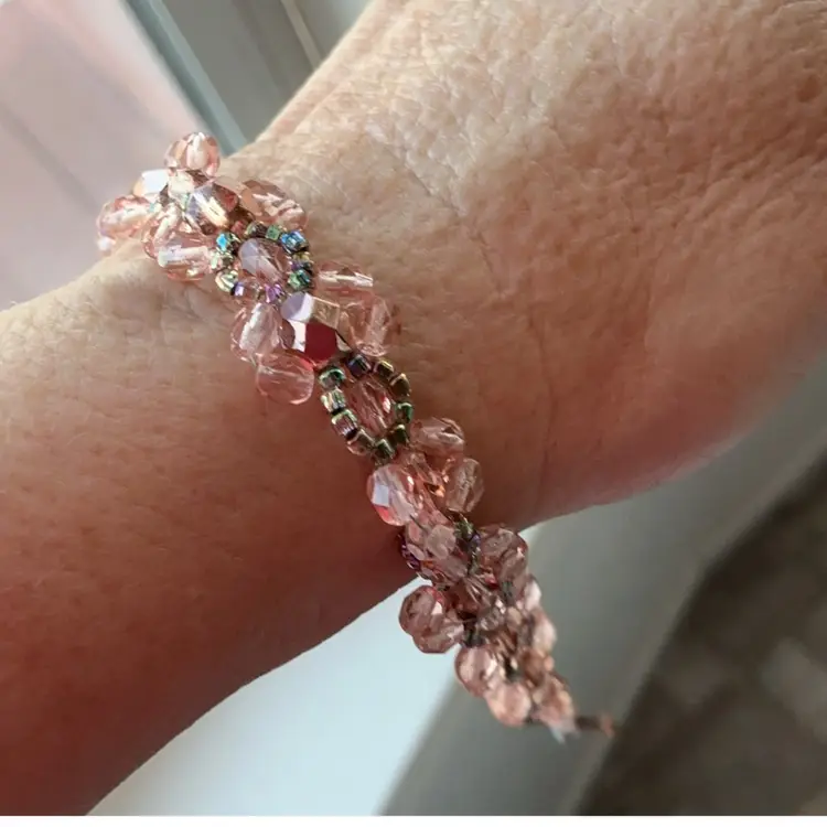 Peach Swarovski Crystal Bead Bracelet with Toggle Artisan Made 7.5”