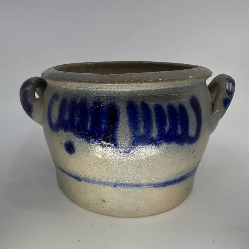 Antique Westerwald Germany Salt-Glazed Blue & White Stoneware 2-Handled Crock Pot