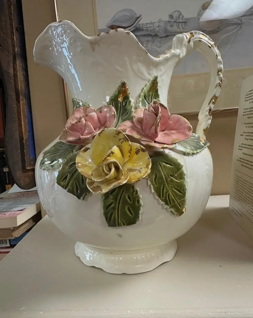 Porcelain Pitcher Vase: Vintage Italian Style with 3D Roses (Large Size)