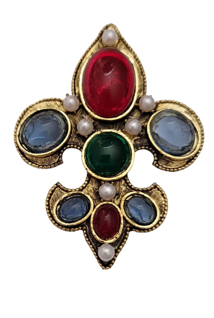 Vintage Gold Tone Fleur De Lis Glass Cab Faux Pearl Brooch E619