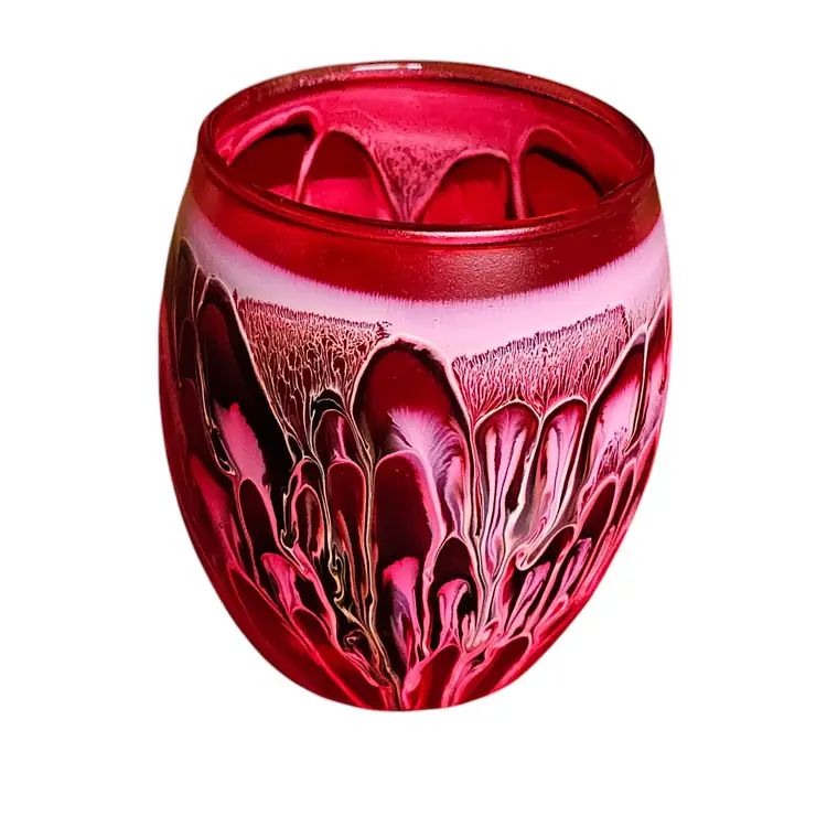 VINTAGE RED WITH WHITE & BLACK DRIP LAVA TEA LIGHT CANDLE HOLDER  MADE IN TAIWAN. GORGEOUS COLOR, PERFECT FOR VALENTINE'S DAY.  3X2X1.25 #TD200227