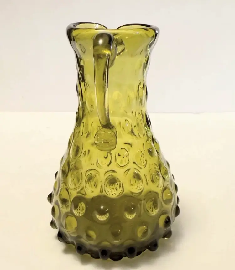 Vintage Olive Green Pitcher, Hobnail Pattern, Applied Handle w/Curl, 6" tall