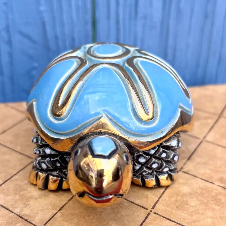 Artesania Rinconada DeRosa Blue & Gold Turtle Pottery Signed Figurine Uruguay