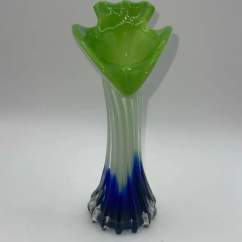 GLASS TULIP VASE IN VIBRANT BLUE, GREEN & WHT.-8” TALL UNIQUE & MODERN
