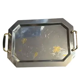 #01 Vintage Italian stainless steel serving tray with 24K gold inlay.
** Note Right Handle Does Not Have Black Piece On Handle****
15x10.25”