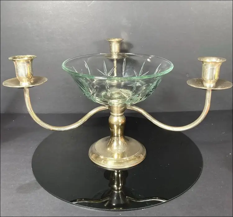Vintage Three Arm Silver Plate Candelabra With Glass Bowl - Centerpiece