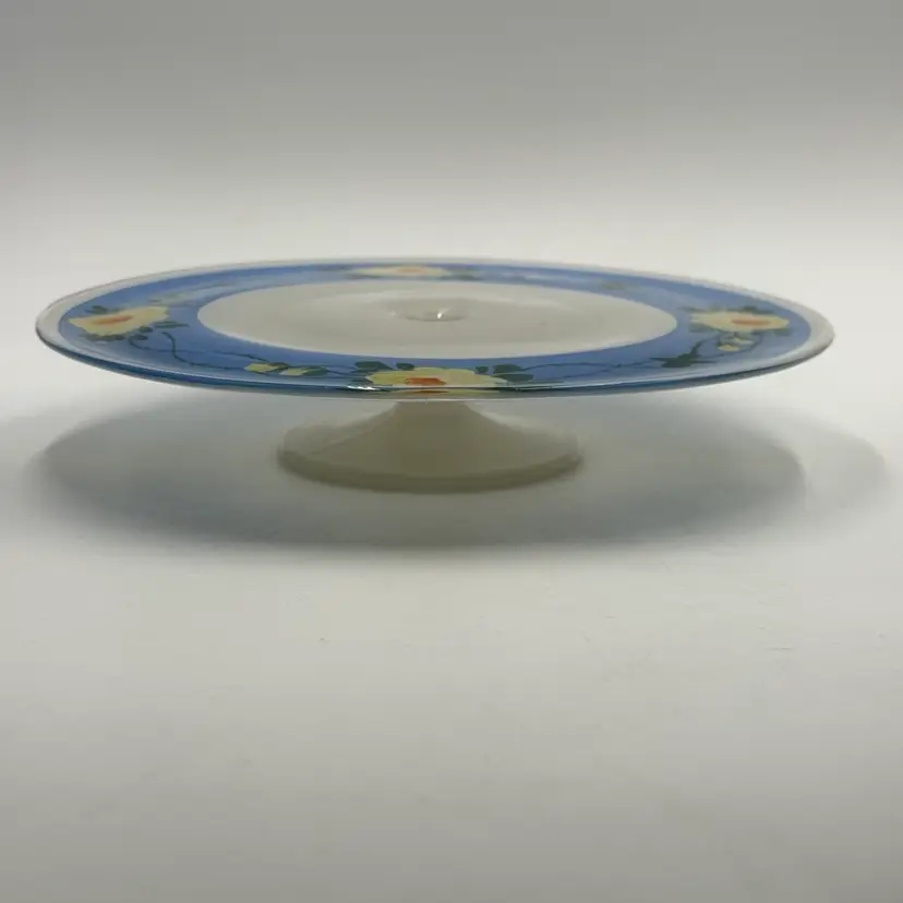 Vintage Frosted White Glass Hand Painted Blue Band Yellow Flowers Cake Stand