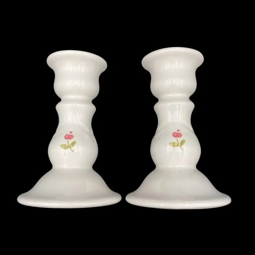 Pair - Pfaltzgraff 5” Garland Pattern Soft White Candlestick Holders, Pinkflower