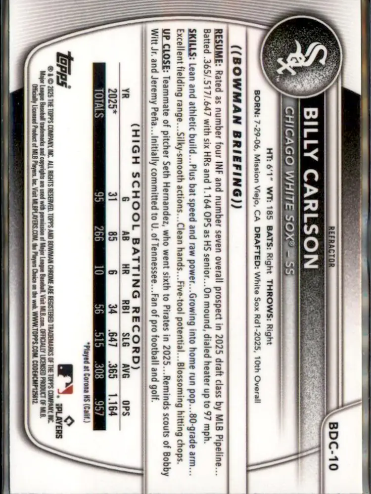 2025 Bowman Draft #BDC-10 Billy Carlson Chrome Refractor - (138) - Chicago White Sox