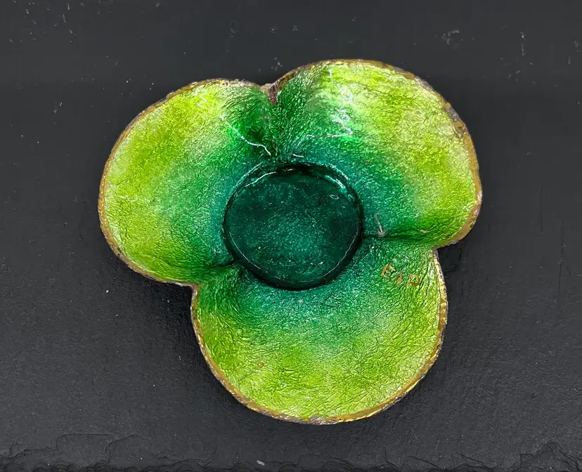 Enameled Foil Over Metal 3 Leaf Clover Signed Trinket Dish St Patrick’s Day!