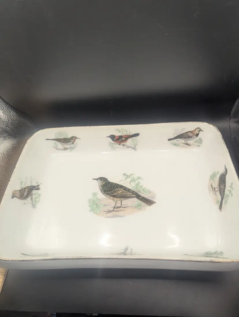 Vintage MCM Louis Lourioux Le Faune Porcelain Rectangular 12" Baking Casserole w/ Birds France.