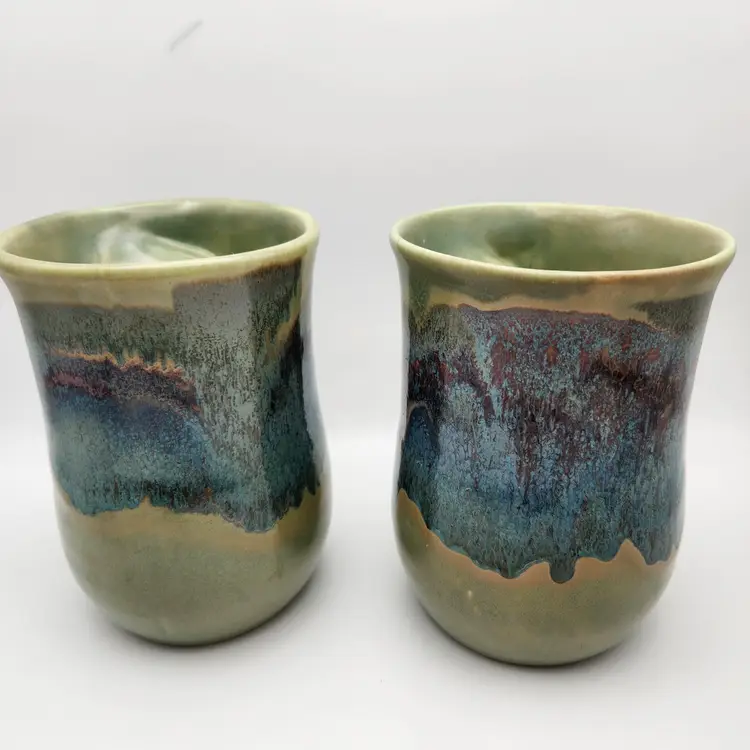 Set Of Signed Green Glazed Studio Pottery Handwarmer Mugs