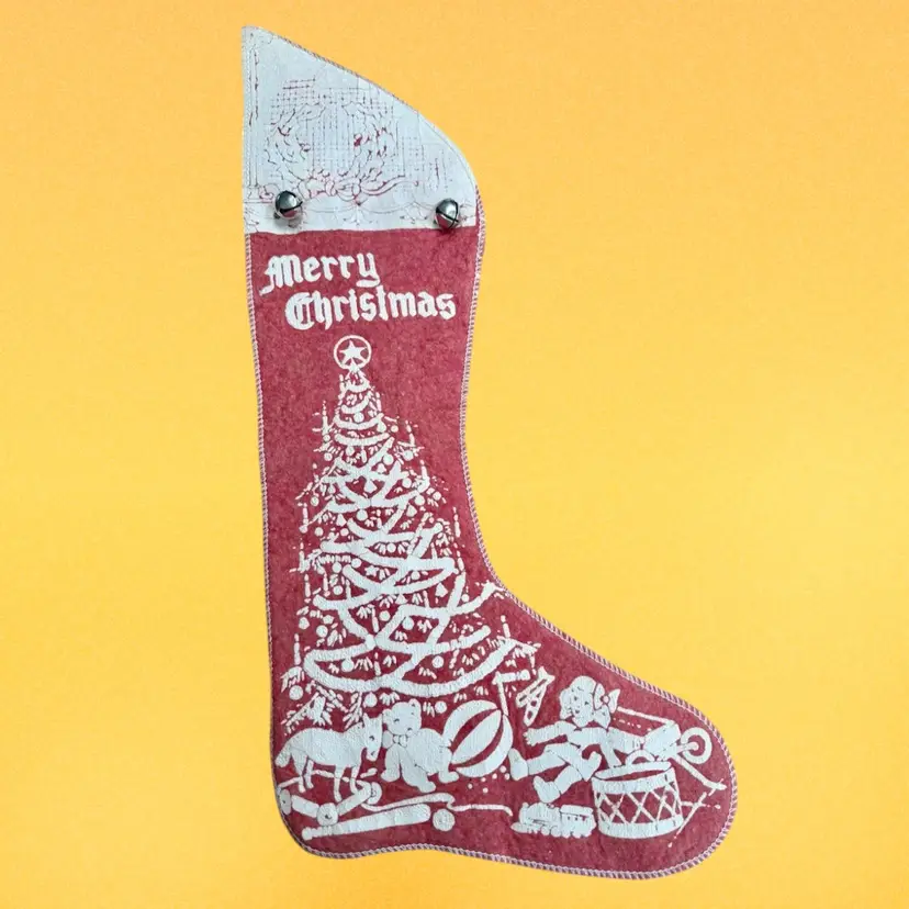 18” Vintage MCM 1940’s Felt Christmas Stocking, Silk Screen Design, Jingle Bells