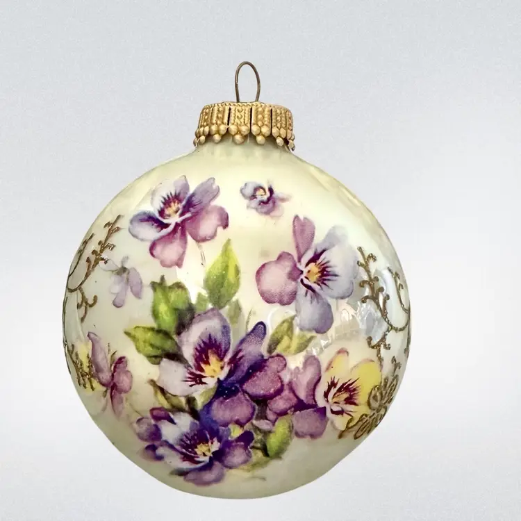Vintage Glass Ball Ornaments Set of 6 The Magic of Silvestri Ivory W/Violet Flowers  Made USA READ