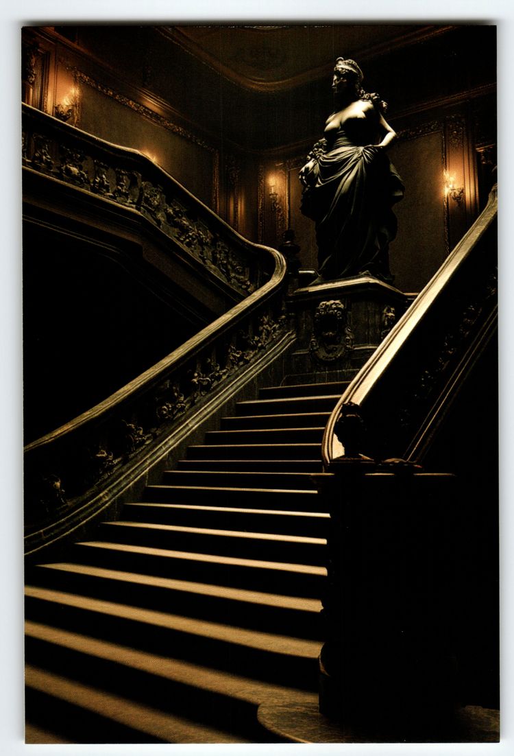 Vintage Photochrome Postcard Ornate Staircase with Statue 5.5x4 Inch