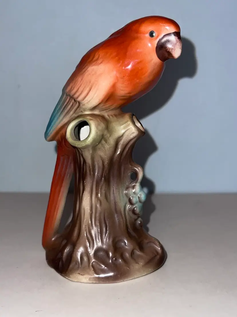 Vintage Czech Red Parrot On Stump Flower Frog Vase