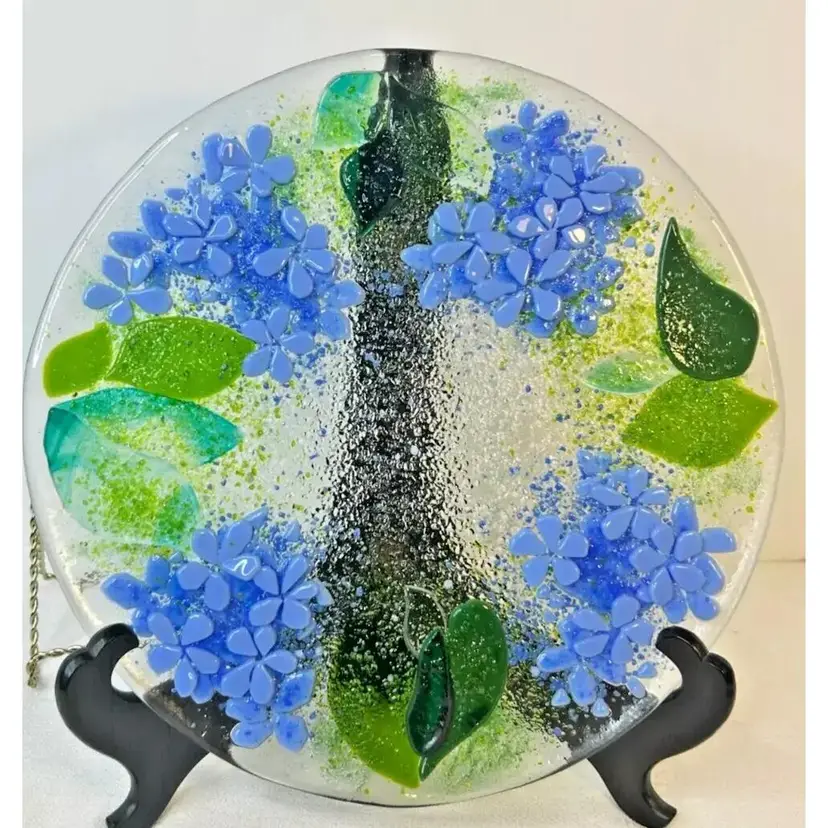 Peggy Karr Style Fused Glass Hydrangea Flowers Bowl 12" Blue Green Platter