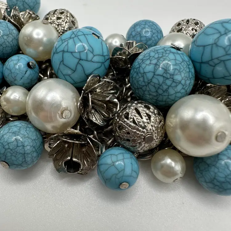 Wide Fun Statement Cha Cha Bracelet Silver Tone Blue And Pearls