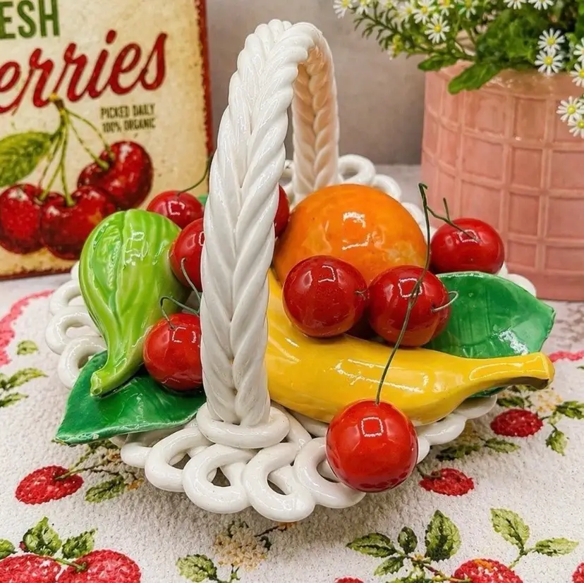 ◡̈ 
VTG ◡̈ Mid-Century ◡̈ Italian Ceramic Fruit Basket ◡̈ | Hand-Painted Cherries, ◡̈ Banana & Orange | ◡̈ Braided Handle | Colorful Kitchen Decor ◡̈