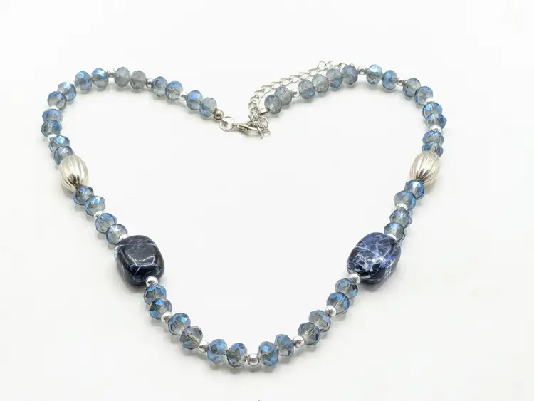 Blue Beaded Sodalite Necklace Silver Tone