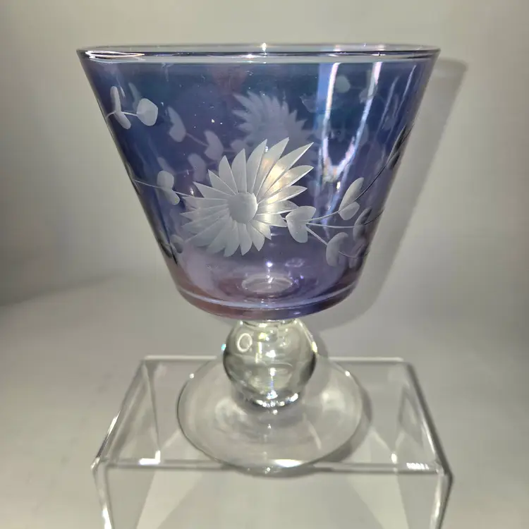 Etched Iridescent Compote Candy Dish Footed Hand Blown