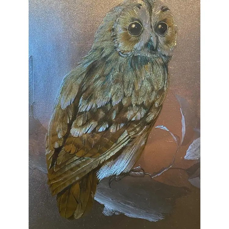 Vintage Foil Art Framed and Matted Owl in Silver and Gold Tones