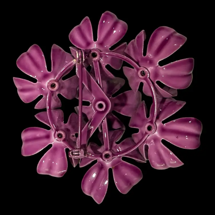 Purple Enamel Rhinestone Layered Flower Brooch 2.5”