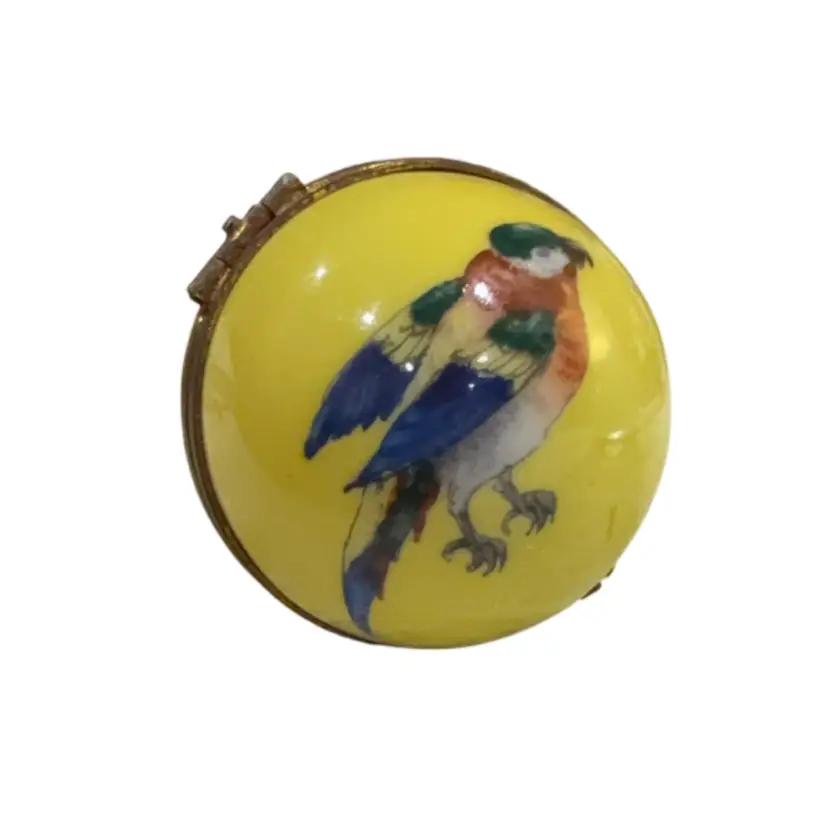 La Tallec Signed & Handpainted For Bergdorf Goodman Limoges Yellow Porcelain Egg Trinket Box With Parrot  - Exceptionally Rare OOAK Piece - 3”