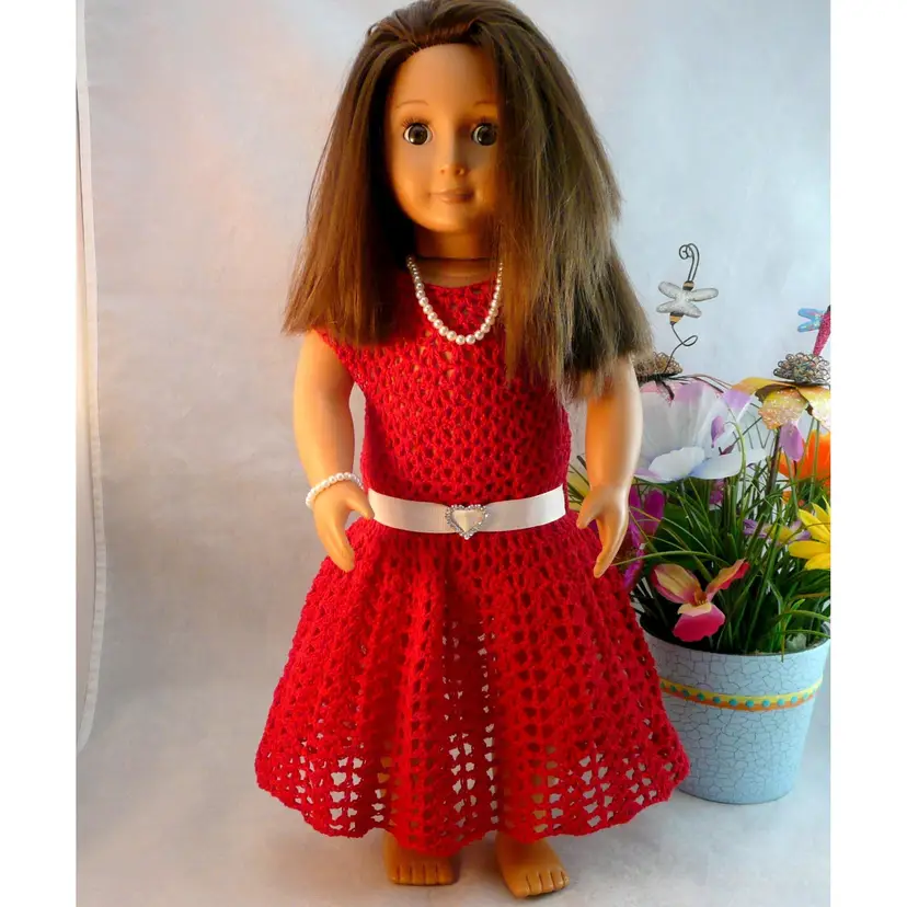 Handmade Red Crochet Lace 18" Doll Party Dress with Pearl Jewelry