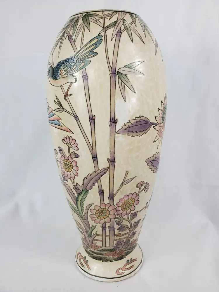 Vintage Chinoiserie Asian Ginger Macau Jar Vase 14" Hand Painted Ceramic Pottery