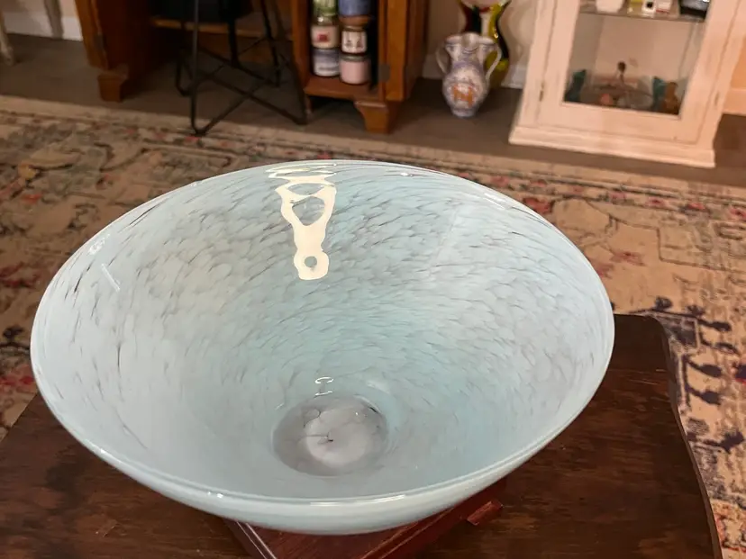 Hand Blown Art Glass Studio Blue Flurry Serving Bowl