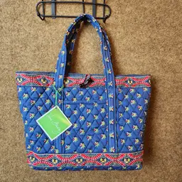 6Pc Vera Bradley Emily Floral Blue Tote Checkbook Glasses Case Wallet Makeup Bag