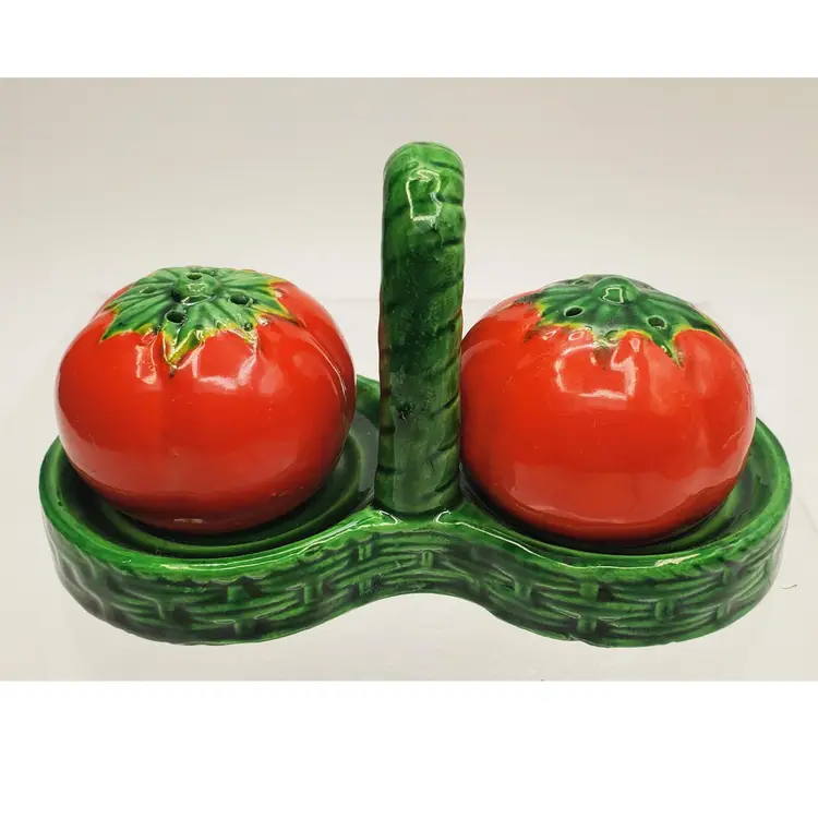 Vintage Tomato Ceramic Salt and Pepper Shakers with Basket Holder