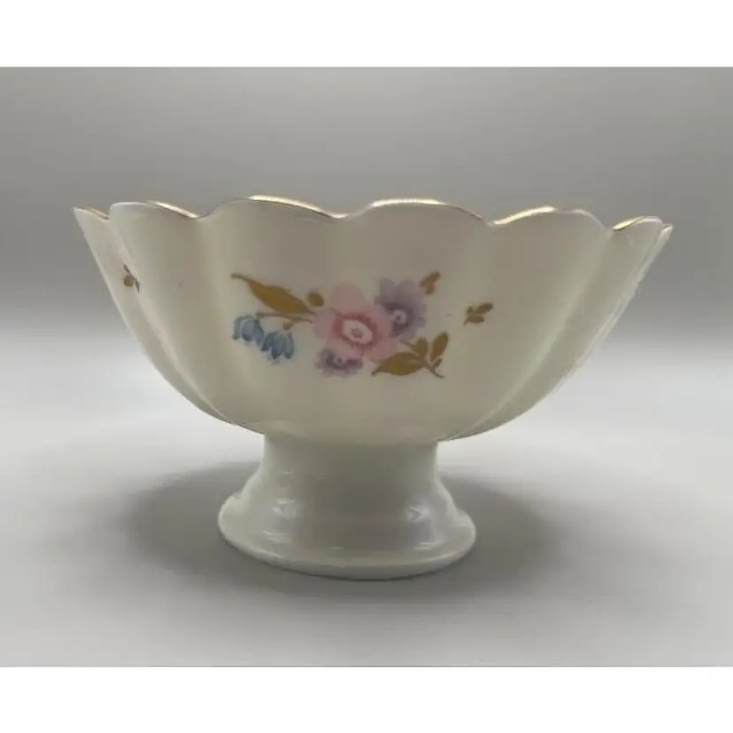Vintage Mikasa Ivory Bone China Footed Trinket Dish with Floral Design ~ 24K Gold Trim Scalloped Edge ~ Just Over 2.5 inches tall
