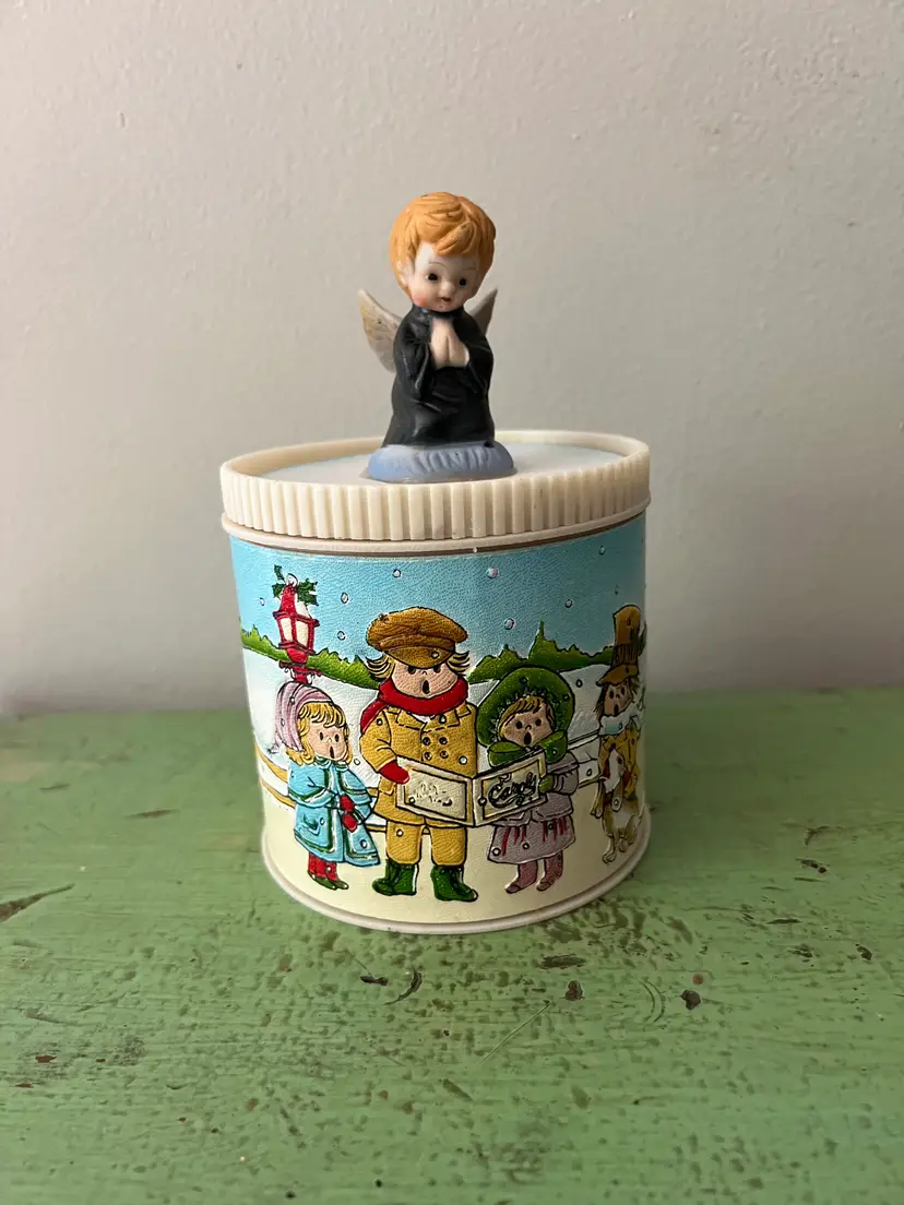 Vintage Christmas Canister, Round Storage Box with Angel Handle Topper. Made by Enesco