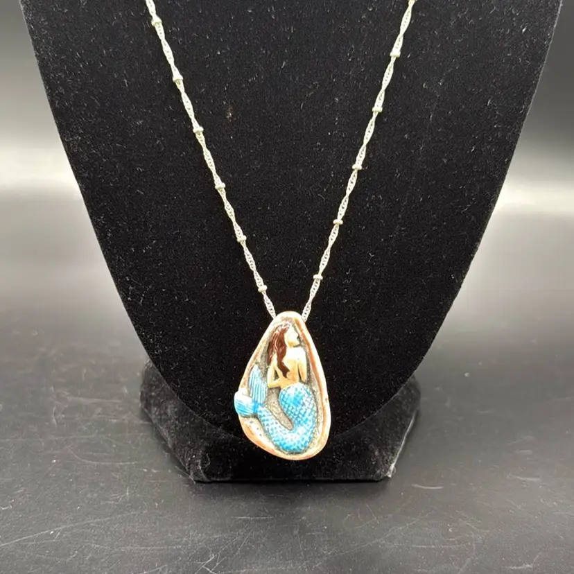 Ceramic Hand Painted Mermaid On 18” Silver tone Chain