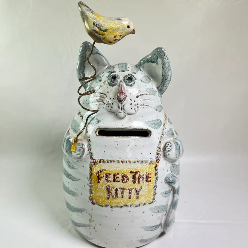 Whimsical Artist Signed Studio Pottery Cat Bank with Bird and Flowers