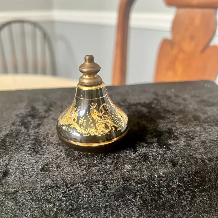 Vintage Black Porcelain Greek Handmade Miniature Perfume Bottle With 24K Gold Trim And Grecian Figures