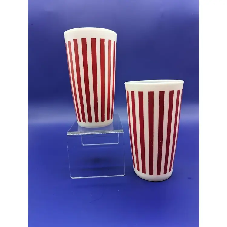 Vintage Hazel Atlas Platonite Milk Glass Tumbler Set of 2
5" Red White Candy Stripe