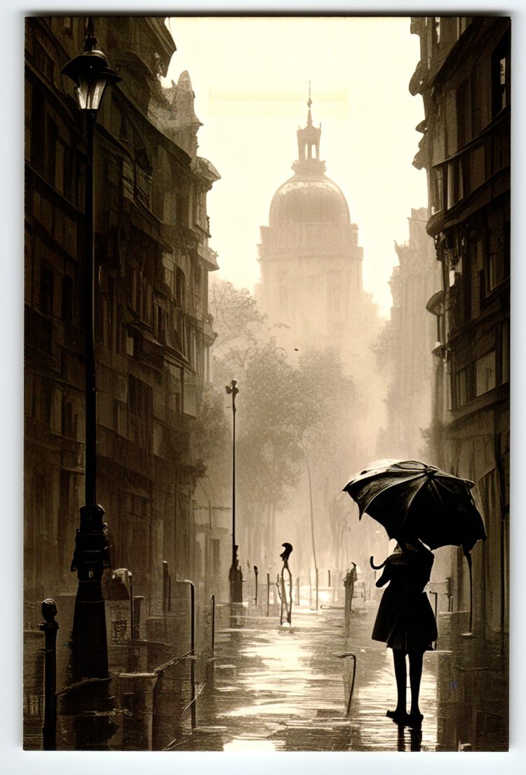 Vintage Photochrome Paris Street Scene Woman with Umbrella Postcard