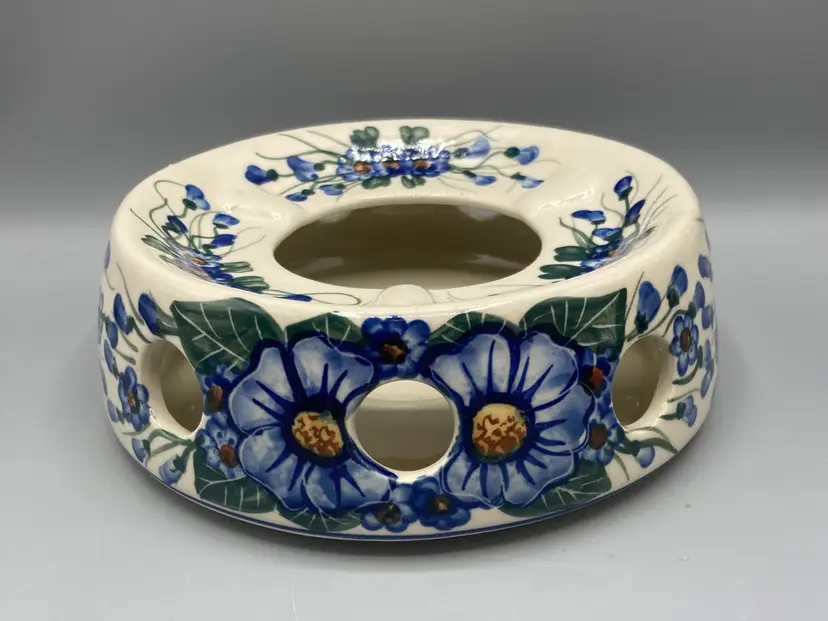 Vintage Polish Pottery WR UNIKAT Boleslawiec Blue Flower Warmer - Signed