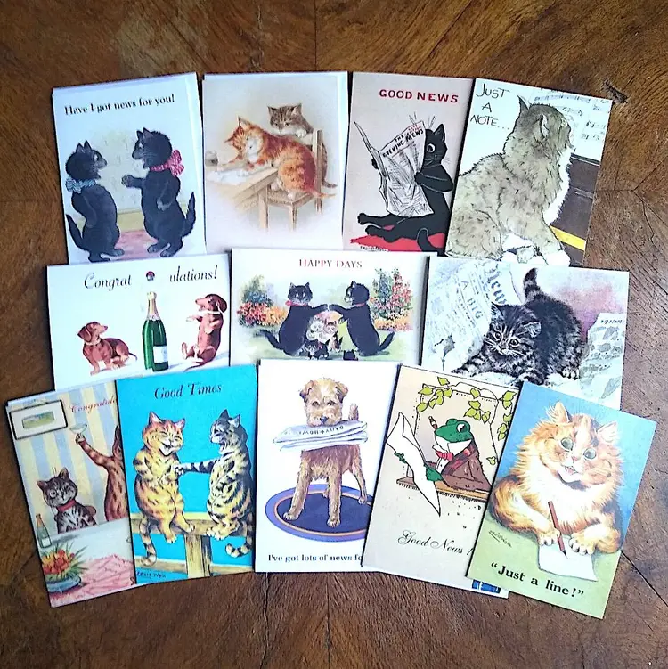 Good News and Good Luck! 12 x Vintage Cat Dog Greeting Card Variety Pack