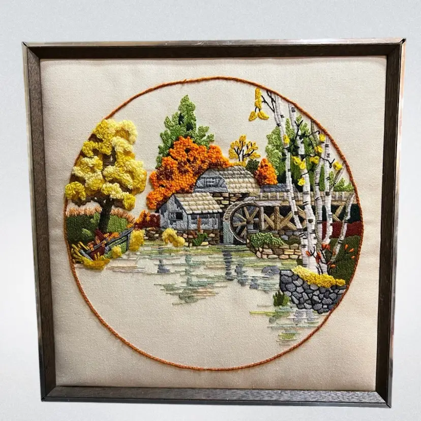 Vintage Framed Crewel Mill Scene in Fall ~17” x 17”