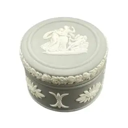 Wedgwood Gray Jasperware Cream Accents Candy Pill Trinket Box England Vintage