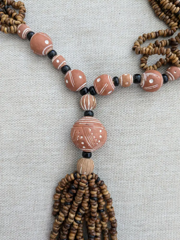 Vintage Wood and Clay Bead Tassel Necklace