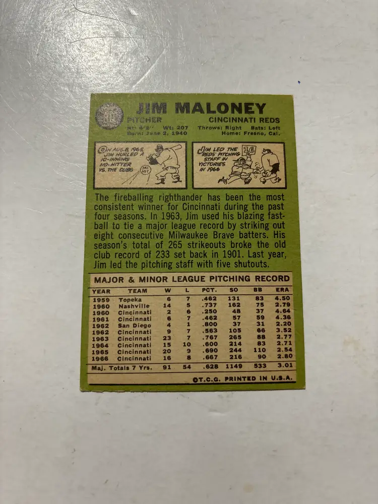 Jim Maloney - 1967 Topps #80 Signed Cincinnati Reds